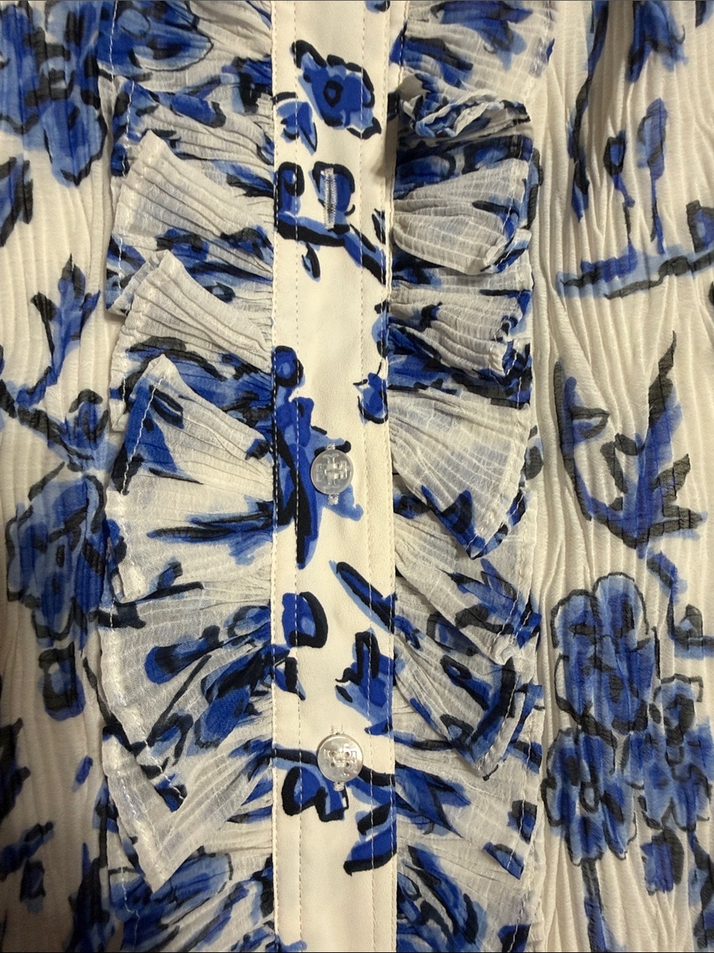 Tory Burch Cream and Blue Floral Ruffle Long-Sleeve Dress - Picture 4 of 4